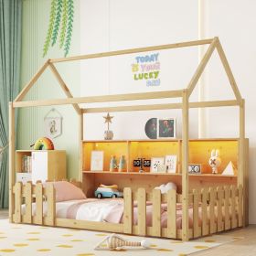 Twin Size House Bed with LED Light, Wood House Bed with Storage Bookshelf, Floor House Bed with Guardrails for Kids Twin Size House Bed with LED Light, Wood House Bed with Storage Bookshelf, Floor House Bed with Guardrails for Kids